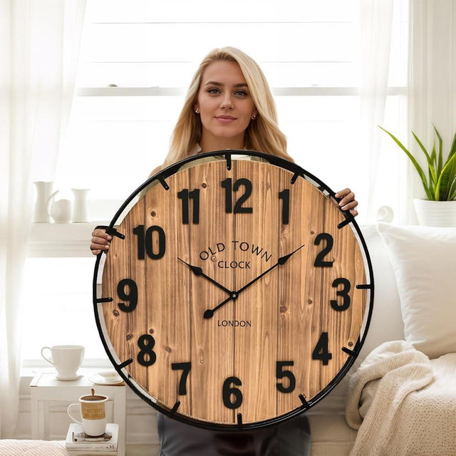 EMAX HOME Large Old Town Farmhouse Wall Clock 30 Inches Rustic Antique Wood with Metal Circle and Large Numerals Silent Battery Operated Wall Clock for Office Kitchen Bedroom Living Room