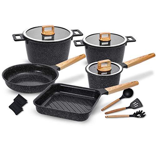 Ceramic Cookware Set Non-Stick Dishwasher Safe Scratch Resistant 100% PFOA Free Induction Aluminum Pots and Pans Set with Cooking Utensil Pack -13 - Black