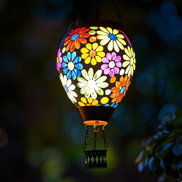 Starsoul Mosaic Flowers Hot Air Balloon Solar Lantern Glass Outdoor Hanging Hot Air Balloon Solar Flickering Flame Light Waterproof Garden Patio Yard Party Decorations Gifts for Women