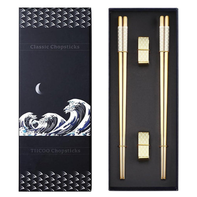 TIICOO Titanium Stainless Steel 18/8 Chopsticks with Holder, 2 Pairs Dishwasher Safe, Japanese Style Gift Set (Golden)
