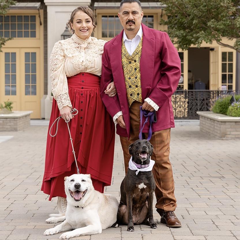 Victorian style engagement photo with our fur babies, Marley and Hazel.