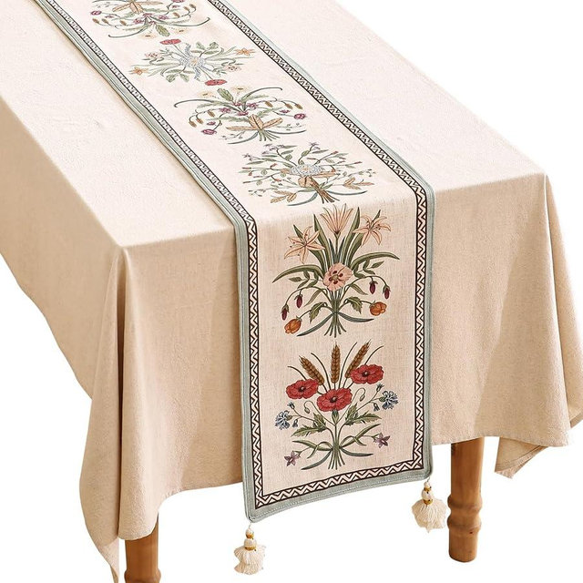ISAENNE Designer Elegant Linen Table Runner 87 Inches, Farmhouse Colorful Wildflower Pattern Table Runners for Dining Tables,Decoration for Parties,Christmas,Banquet,New Year,12"x87"