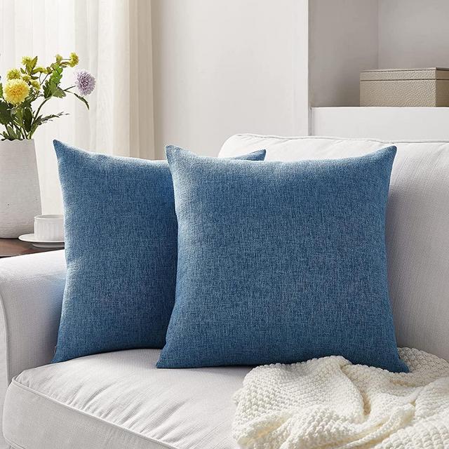 Meekio Set of 2 Blue Pillow Covers 18 x 18 Inch Farmhouse Boho Decorative Throw Pillow Covers Linen Cushion Covers for Sofa Couch Décor