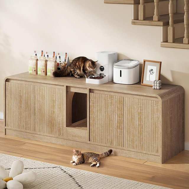 Homiflex Cat Litter Box Enclosure with Litter Collector, 59'' Double Litter Box Enclosure for 2 Cats, Hidden Litter Box Furniture for Indoor Cats Large Adult, Cat House, Side Table, TV Stand, Natural