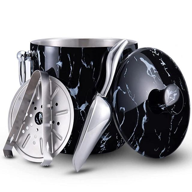 Ice Bucket with Lid, Scoop, Tongs and Strainer - Well Made Insulated Stainless Steel Keep Ice Frozen Longer - Ideal for Cocktail Bar, Parties, Chilling Wine, Champagne - 3 Liter (Black Marble)