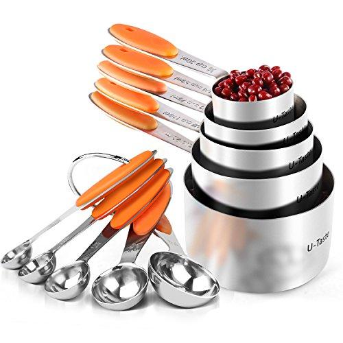 Measuring Cups : U-Taste 18/8 Stainless Steel Measuring Cups and Spoons Set of 10 Piece, Upgraded Thickness Handle(Orange)