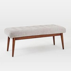 Mid Century Upholstered Bench, Platinum, Linen Weave