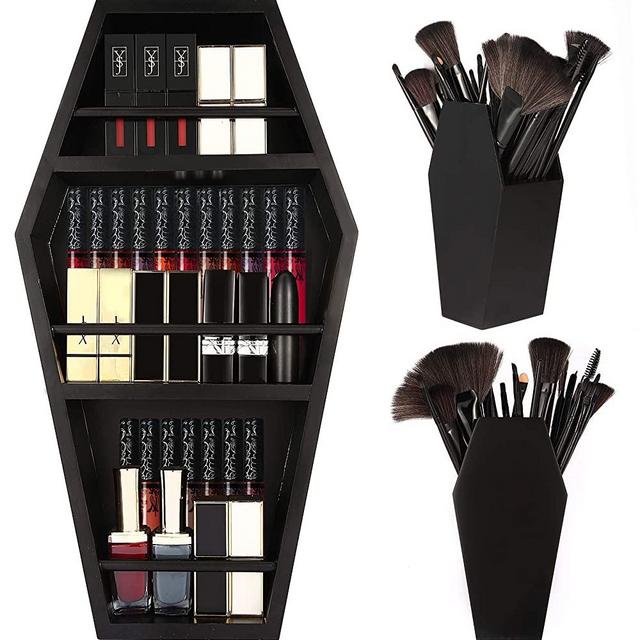 nanayo Makeup Coffin Shelf And Coffin Brush Holder – 3 Shelf Coffin Makeup Holder for Gothic Decor – Free Standing or Wall Hanging Makeup Organizer Spooky Coffin Decor for Bedroom or Bathroom