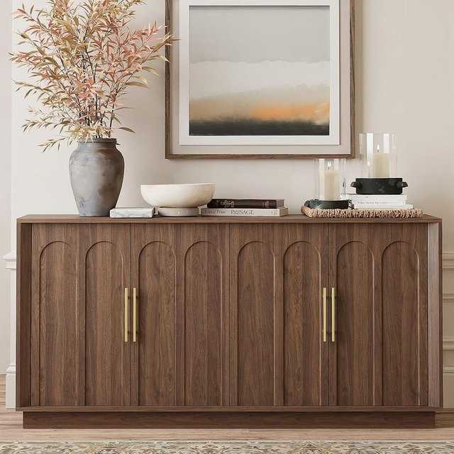 FORTUNETEC Sideboard Buffet Cabinet with Storage, Mid Century Modern Accent Cabinet with Arched Doors, Modular Media Console, Minimalist Credenza for Living Room Kitchen Dining Room Entryway, Walnut