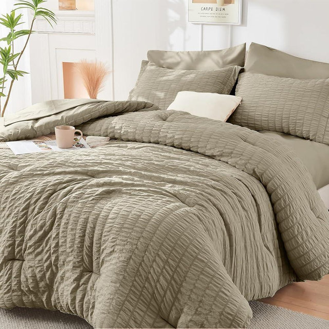 HYMOKEGE Linen Queen Comforter Set Seersucker 7 Pieces, All Season Luxury Bed in a Bag Queen for Bedroom, Bedding Set with Comforter, Sheets, Pillowcases & Shams