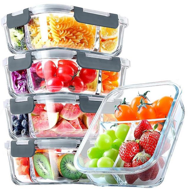 VERONES 5 Pack Glass Meal Prep Containers 3 Compartment Set, 36OZ Airtight Glass Lunch Containers, Glass Food Storage Containers with Lids, for Microwave, Oven, Freezer & Dishwasher Friendly,Grey
