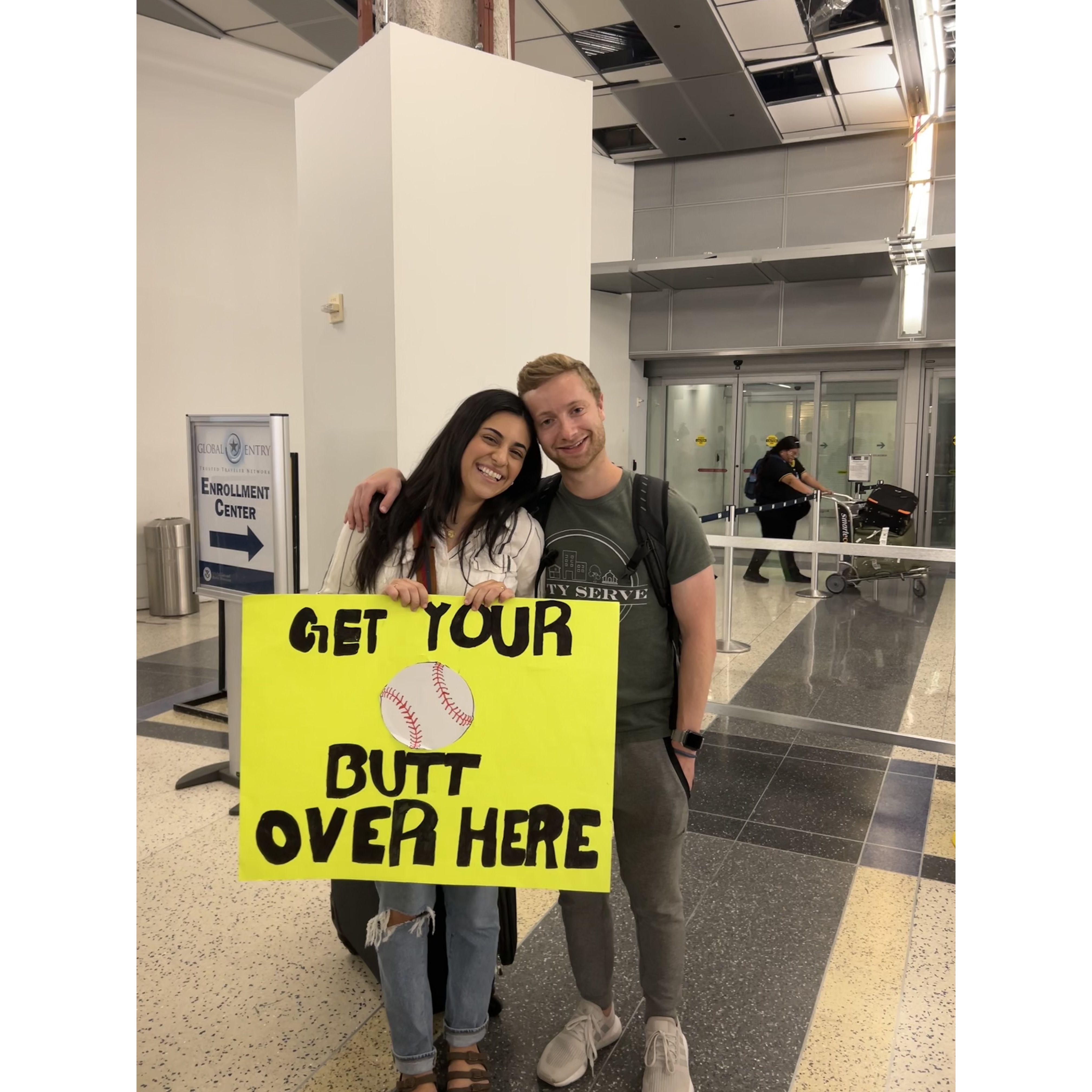 Priscilla greeted Blake after his mission trip return with a big hug and a nice sign ;)