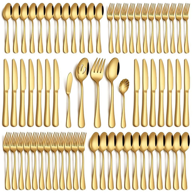 PHILIPALA 65 Piece Gold Silverware Set with Serving Utensils, Stainless Steel Flatware Set for 12 Food Grade Cutlery Utensil Set Include Knife Fork Spoon Mirror Polished Dishwasher Safe