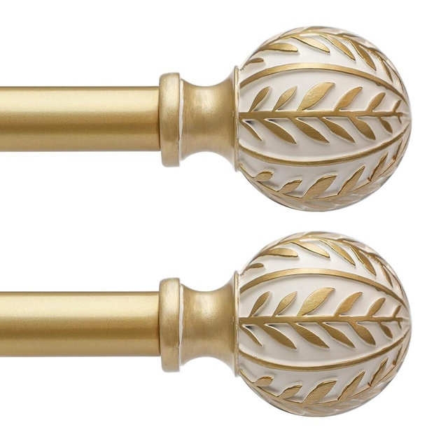 QDWIS 2 Pack Gold Curtain Rods for Windows 48 to 84 inch,1" Adjustable Heavy Duty Window Curtain Rod with Leaf Finials,Rustic Decorative Drapery Rods Set,Size:36-88''