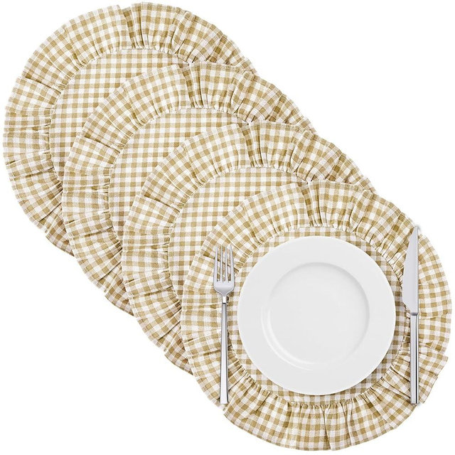 Gandeer 4 Pcs 15 Inch Linen Scalloped Round Placemats, Thin Plaid Place Mats with Ruffle, Washable Placemats Table Mats for Kitchen Dining Holiday Gatherings Decor(Light Brown, Gingham)
