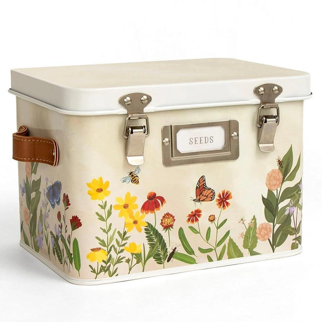 1Canoe2 Wildflower Botanicals Tin Seed Organizer Storage Box, Garden Seed Packet Vault Container, Gardening Supplies, Greenhouse Accessories, Gardening Gifts for Women