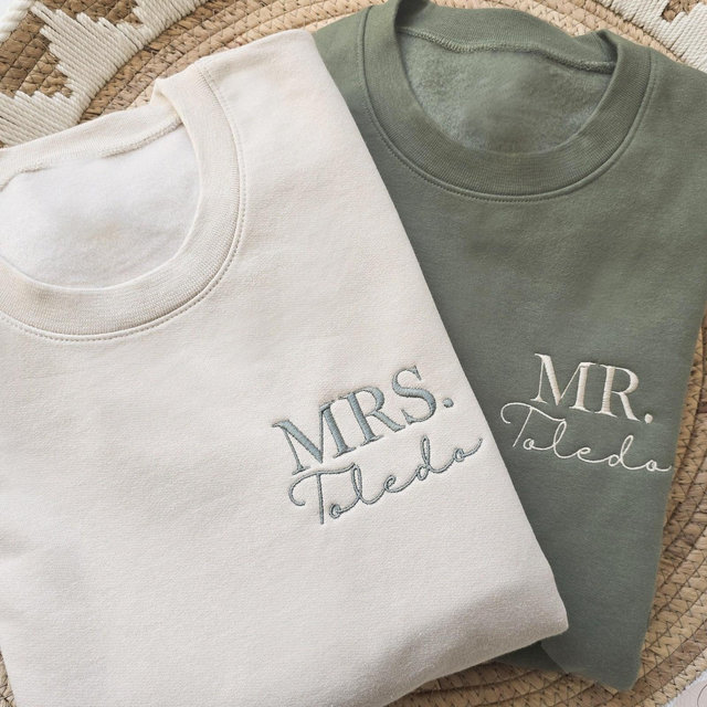 Custom Mrs. Embroidered Sweatshirt, Date On Sleeve, Gift For Bride, Future Mrs. and Mr. Hoodie, Mrs Last Name, Engagement Gift, Hubby Wifey