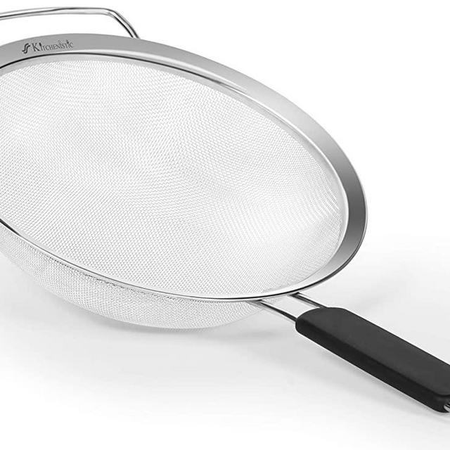 Kafoor Fine Mesh Large Stainless Steel Strainer 9" with thermo plastic rubber handle - Ideal to Strain Pasta, Quinoa and Rice.