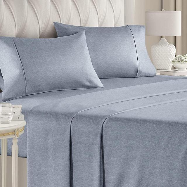 Queen Size Sheet Set - Breathable & Cooling Sheets - Softer Than Jersey Cotton - Same Look as Jersey Knit Sheets & T-Shirt Sheets - Deep Pockets - 4 Piece Set - Wrinkle Free - Heathered Blue – 4PC