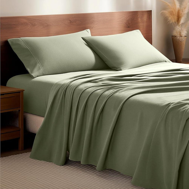 Bare Home Flannel Sheet Set 100% Cotton, Velvety Soft Heavyweight - Double Brushed Flannel - Deep Pocket (Queen, Sage)