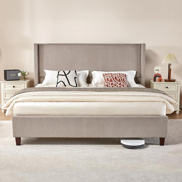 VanAcc King Size Platform Bed Frame, 50.8" Corduroy Upholstered Bed with Vertical Channel Tufted Headboard/Wingback/Wooden Slats/No Box Spring Required/Taupe
