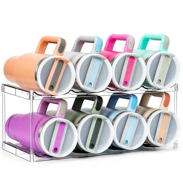 Design for Stanley 40 OZ & Large Bottles & Tumblers with Handle - Acrylic Water Bottle Organizer - Stackable Clear Wine Rack, Cup Holder for Home Kitchen Pantry Shelf Countertop Cabinet, 2 Tier Hold 8