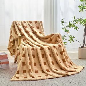 FY FIBER HOUSE Checkered Fluffy Blanket 340GSM - 3D Grid Pattern Soft Fuzzy Throw for Bed Couch Sofa, 50"x60", Khaki