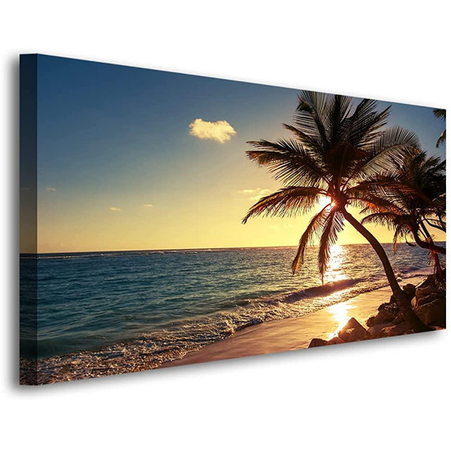 Beach Canvas Wall Art Seascape Pictures Home Decor Ocean Coconut Tree Sunset Poster Prints Painting for Living Room Bedroom Bathroom Kitchen Office Decoration Natural Scenery Artwork 24x48 Inches