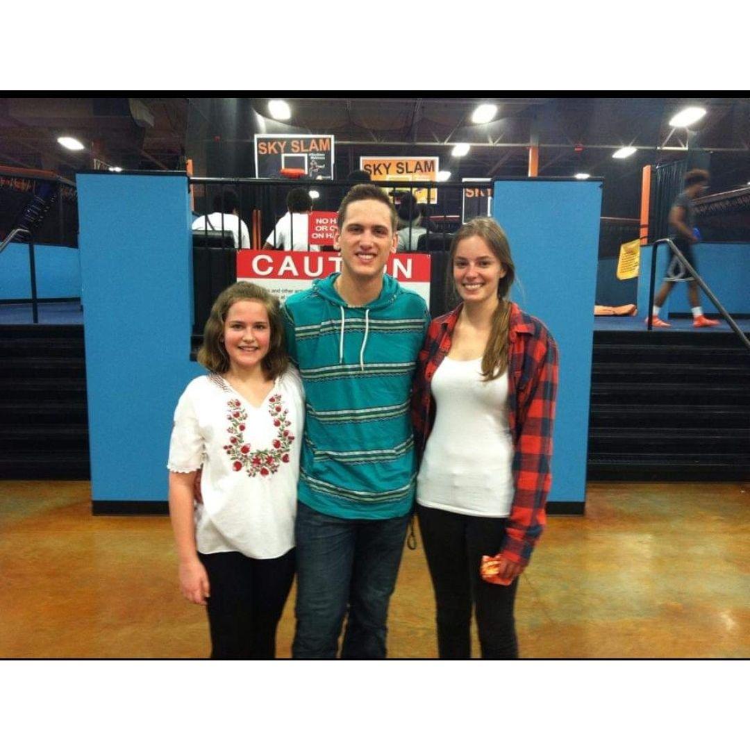 Sam and Justin on one of their first dates to Jumpology, a trampoline park, with his youngest sister Mary Crews, a bridesmaid (February 2016).