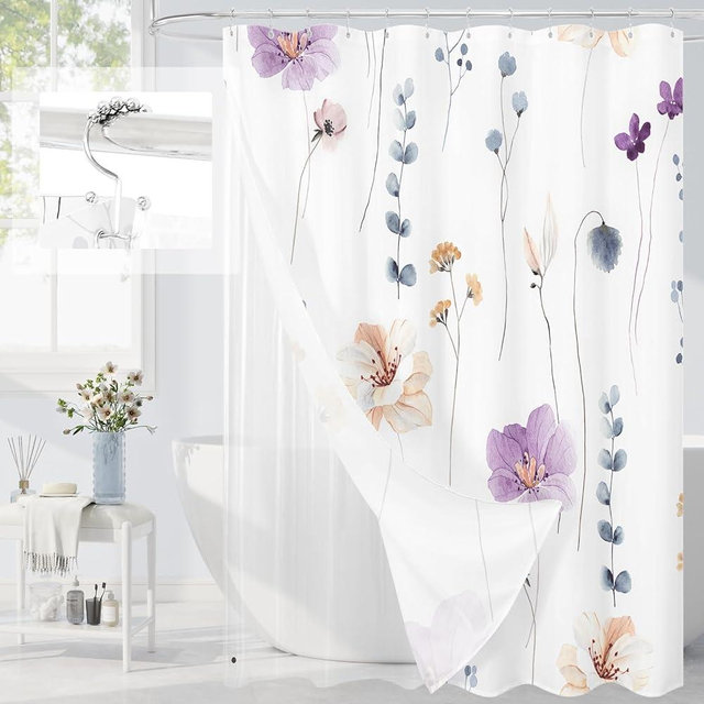 Gibelle 3 in 1 Shower Curtain Set, Purple Watercolor Floral Bath Curtain and PEVA Liner Set with 12 Double Sided Steel Hooks, Waterproof Fabric Bathroom Curtain 72x72