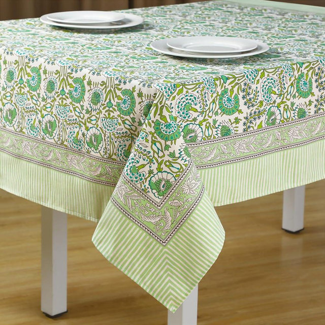 Newtay 60'' x 60'' Agate Green Cotton Tablecloth Handmade Indian Block Print Floral Tablecloth Dust Proof Square Table Cover for Kitchen Dining Wedding Party Holiday Buffet Farmhouse