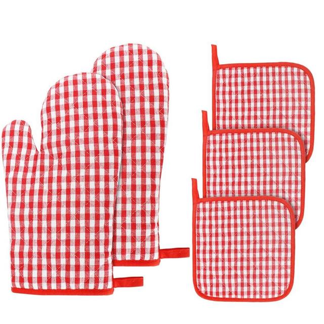 Oven Mitts and Pot Holders Set, 5 pcs Heat Resistant Cotton Gingham Oven Mitts and Potholders Hot Pads Mats Coasters for Cooking Baking (Red Set)