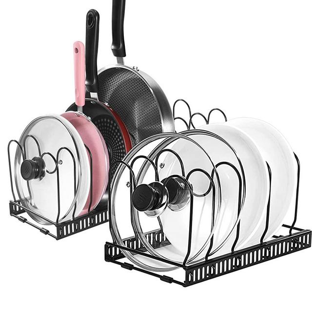 Mr Rabbi Pots and Pans Organizer Rack For Cabinet, 2 Pack Pot Lid Organizers, Or 1 Expandable Pot Rack For Kitchen Cabinet Pantry Bakeware Lid Holder with 12 Adjustable Compartments
