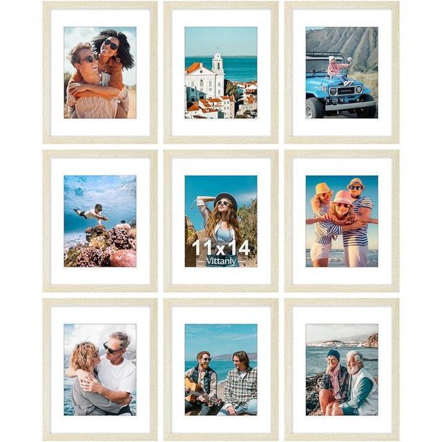 Vittanly 11x14 Picture Frames Set of 9, Shatter Resistant Plexiglass, Display 8x10 Pictures with Mat or 11x14 without Mat, Photo Frames for Wall or Tabletop, Engineered Wood, Cornsilk