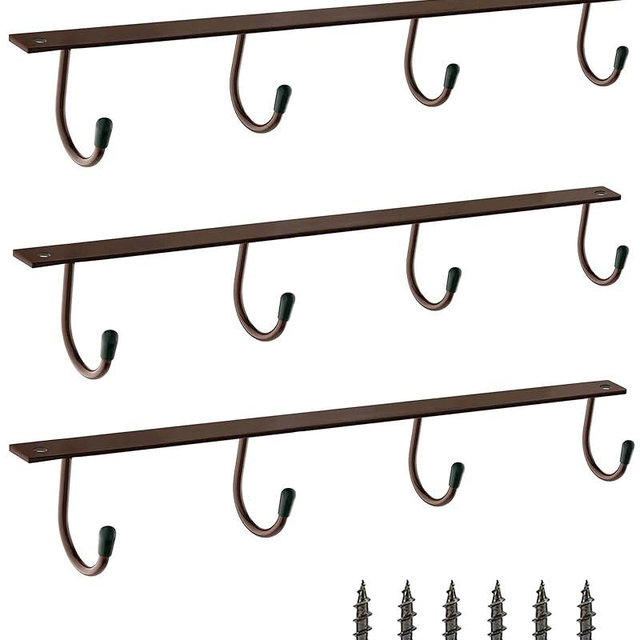 YQBOOM Mugs Hooks 3 Pcs Mug Holder Under Cabinet Coffee Hooks for Mugs Iron Hanging Mug Rack Under Shelf Kitchen Dining Bar Organizer Rack - Bronze
