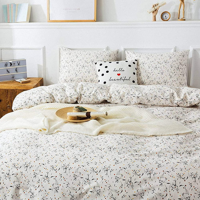 HoneiLife Cotton Duvet Cover Queen Size Floral Comforter Cover Set, Soft and Breathable Wildflower Bedding Set with Zipper Closure & Corner Ties, 3pcs(1Duvet Cover+2 Pillow Case)-Flyings,Beige