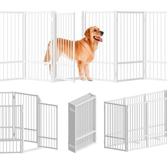 SNUOWU Full Metal Freestanding Dog Gate with Door, 32''Height Foldable Pet Dog Fence for Indoor & Outdoor, 8 Panels Extra Wide Free Standing TallDog Gates for Doorways,House,Stairs,Porch,Deck,Yard