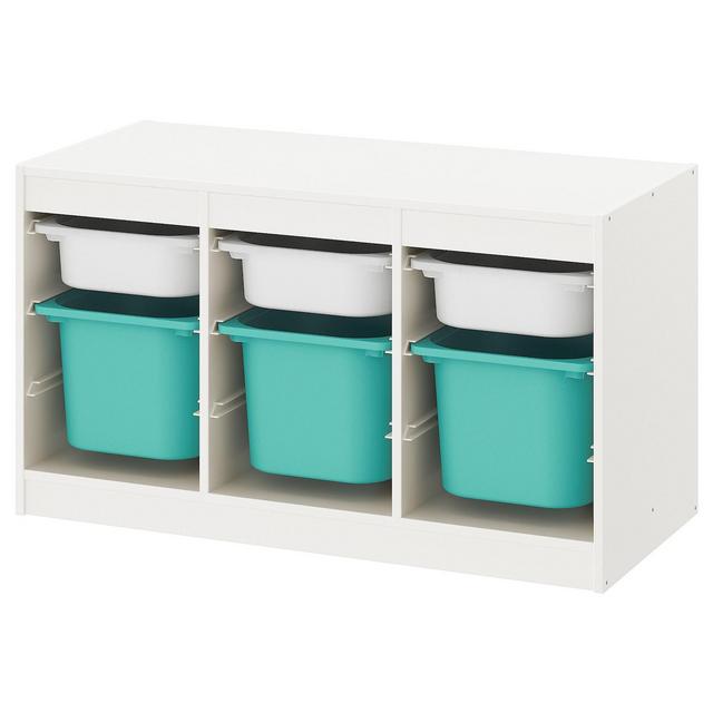 TROFASTStorage combination with boxes, white/turquoise39x17 3/8x22 "