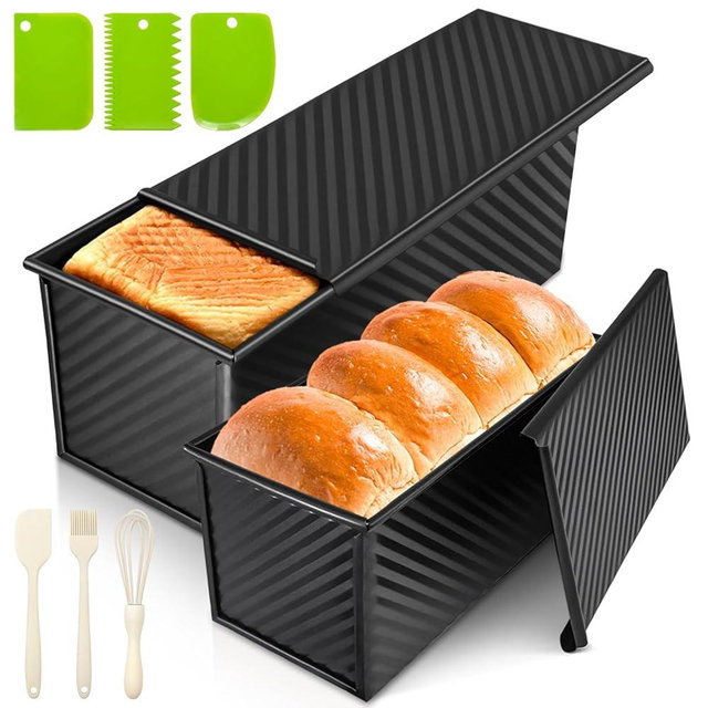 Dipanist 2Pack Large Bread Pan with Lids – 2.2LB Dough Capacity, Non-Stick Carbon Steel Bread Pans for Homemade Sandwich and Sourdough Bread, Corrugated Toast Mold (Black)
