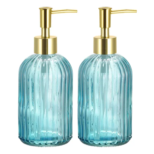 Unique Bargains Glass Dish Soap Dispenser With Durable Golden Pump 2 Pcs Blue
