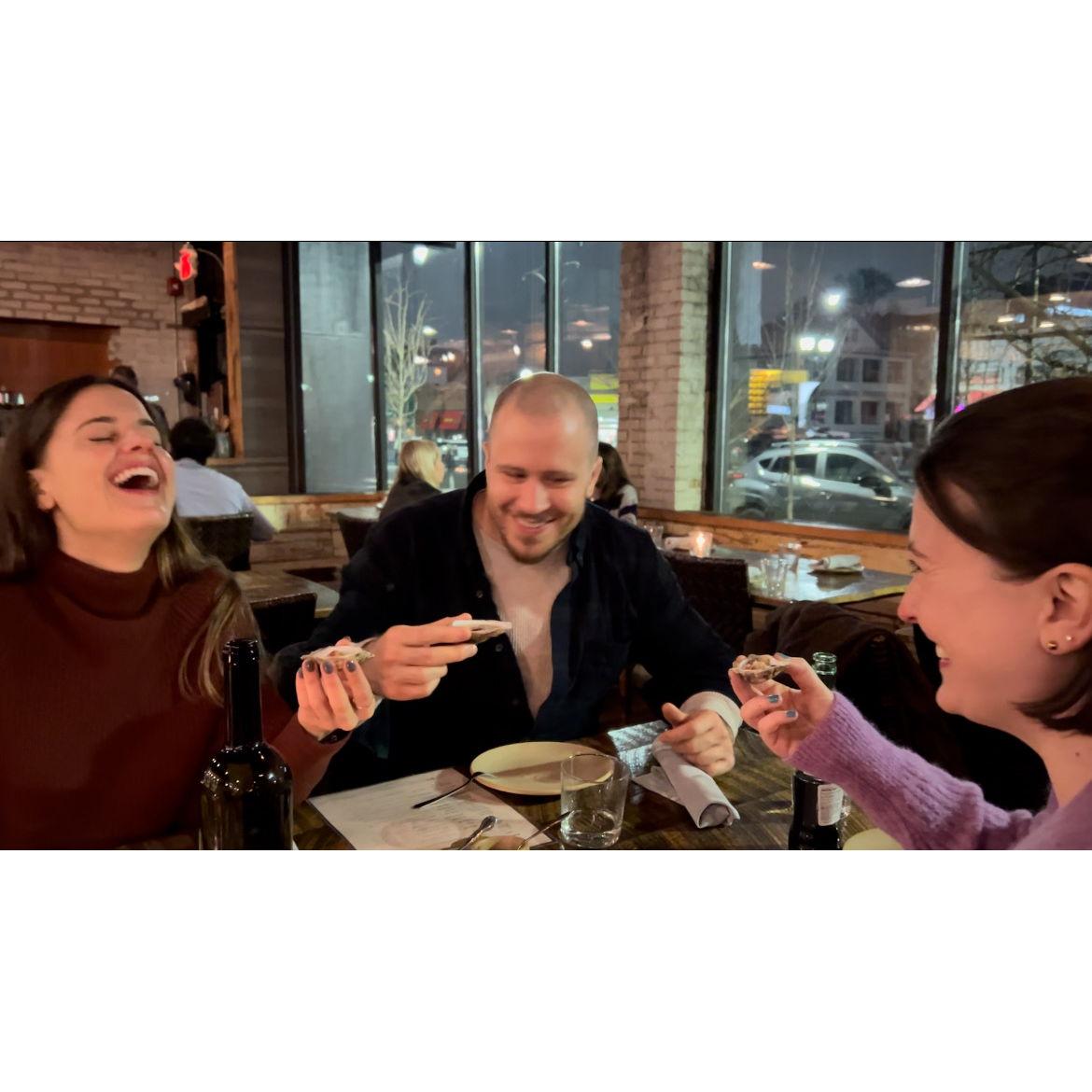Trying oysters for the first time in Boston with Andrea, March 2024