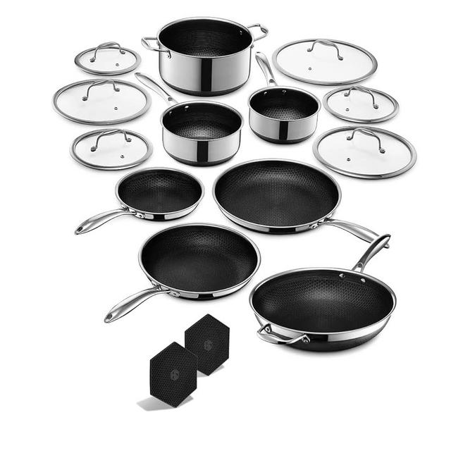 HexClad 13 Piece Hybrid Stainless Steel Cookware Set - 6 Piece Frying Pan Set, 6 Piece Pot Set, 12 Inch Wok & 2 Silicone Trivets, Induction Ready, Stay Cool, Non-Stick, Easy to Clean