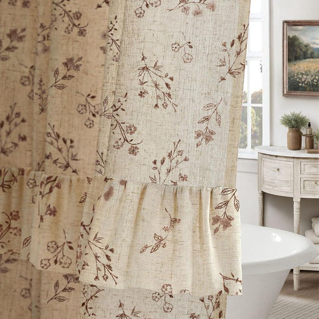 XOGUIBO Brown Floral Vintage Linen Shower Curtain, French Country Ruffle Shower Curtains for Bathroom, 72Wx72H