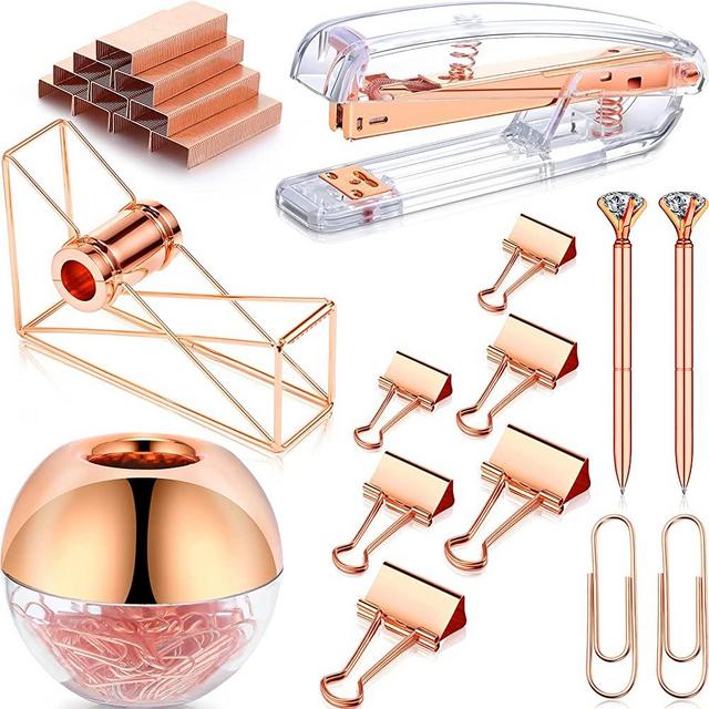 Desk Accessory Kit Set of Desktop Stapler Tape Dispenser Clips Clip Holder 2 Diamond Ballpoint Pens and 6 Blinder Clips for School Office Stationery Desk Home Supplies (Rose Gold Pattern)