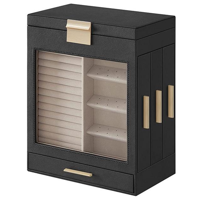 SONGMICS Jewelry Box with Glass Window, 5-Layer Jewelry Organizer with 3 Side Drawers, Jewelry Storage, with Vertical Storage Space, Big Mirror, Modern Style, Graphite Black and Gold Color UJBC162B02