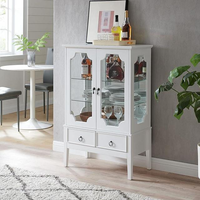 Kings Brand Furniture - Curio Accent Storage Cabinet with Doors, Glass Shelves & Drawers - Sideboard Buffet Display Cabinet for Living Room Dining Room Kitchen, White