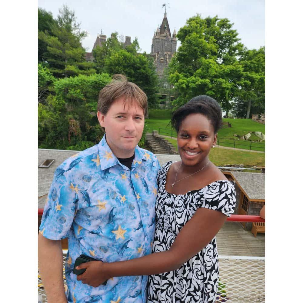 Dennis and Michelle in front of the castle in Alexandria Bay, New York.