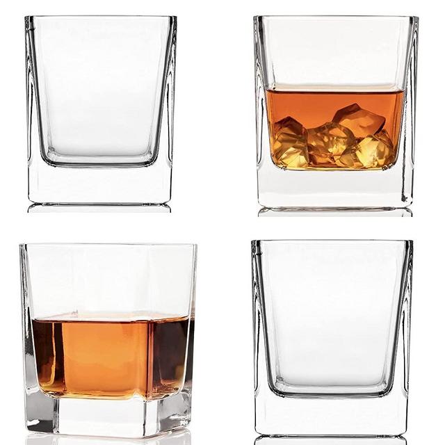 Rocks Glasses Set Square Whiskey Glass of 4 (10 Oz) - Old Fashioned Crystal for Alcohol, Whisky, Bourbon, Tequila, Scotch, Liquor, Rum, Gift for Men, Women by Kemstood, Thick Weighted Bottom Cocktail