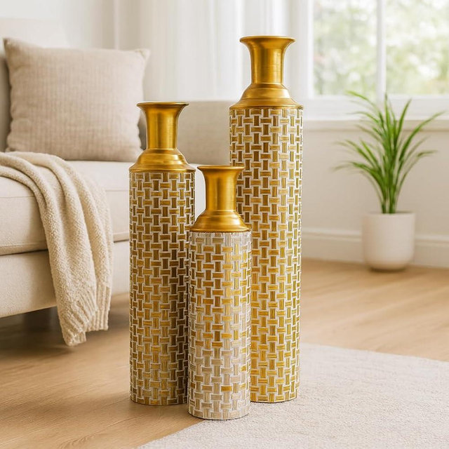 Leewadee Set of 3 Large Floor Vases – Decorative Tall Metal Vases in Gold White (30/24/20 inches) – Elegant Home Decor for Stylish Interiors