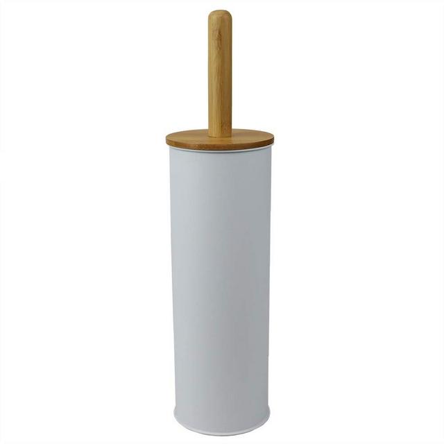Home Basics Steel Hideaway Toilet Brush Holder with Bamboo Top (1, White)